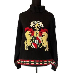 Cambridge Dry Goods Womens Black Sweater Emblem Crest Eclectic Grandpa Preppy